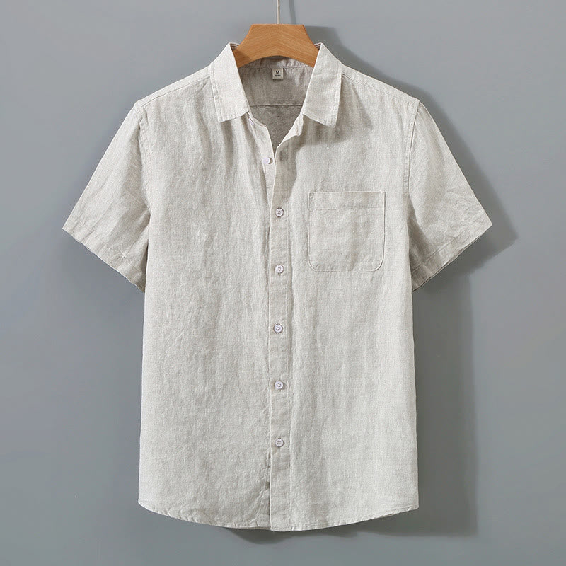 Camisa de manga corta de algodón con botones de color puro para hombre, informal, de verano, con estampado de Buddha Stones y bolsillo - Lino - US/UK/AU42, UE52 (4XL) - image 0