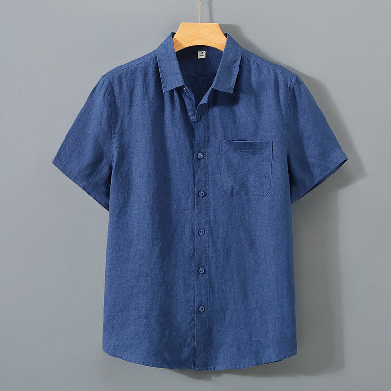 Camisa de manga corta de algodón con botones de color puro para hombre, informal, de verano, con estampado de Buddha Stones y bolsillo - Azul medianoche - US/UK/AU42, UE52 (4XL) - image 8