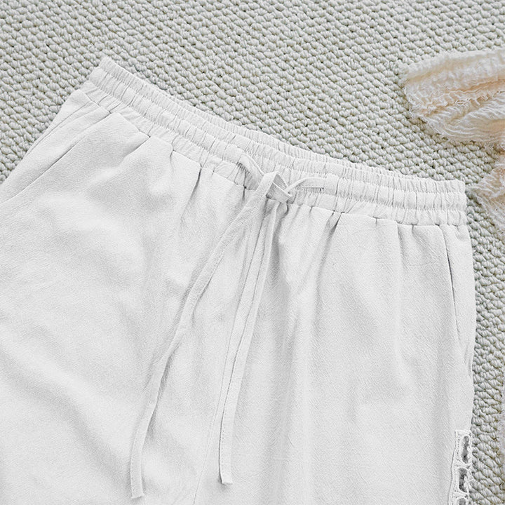 Pantalones de lino y algodón con diseño de empalme de colores lisos de verano para mujer con bolsillos y Buddha Stones - image 3