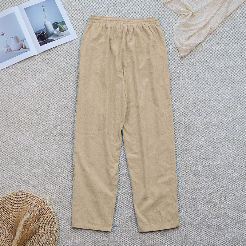 Pantalones de lino y algodón con diseño de empalme de colores lisos de verano para mujer con bolsillos y Buddha Stones - image 23