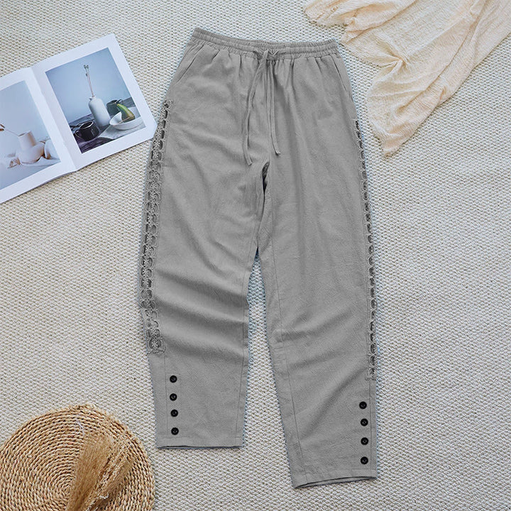 Pantalones de lino y algodón con diseño de empalme de colores lisos de verano para mujer con bolsillos y Buddha Stones - image 15