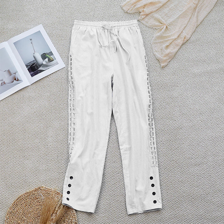 Pantalones de lino y algodón con diseño de empalme de colores lisos de verano para mujer con bolsillos y Buddha Stones - FloralBlanco - US12, UK/AU16, EU44 (2XL) - image 0