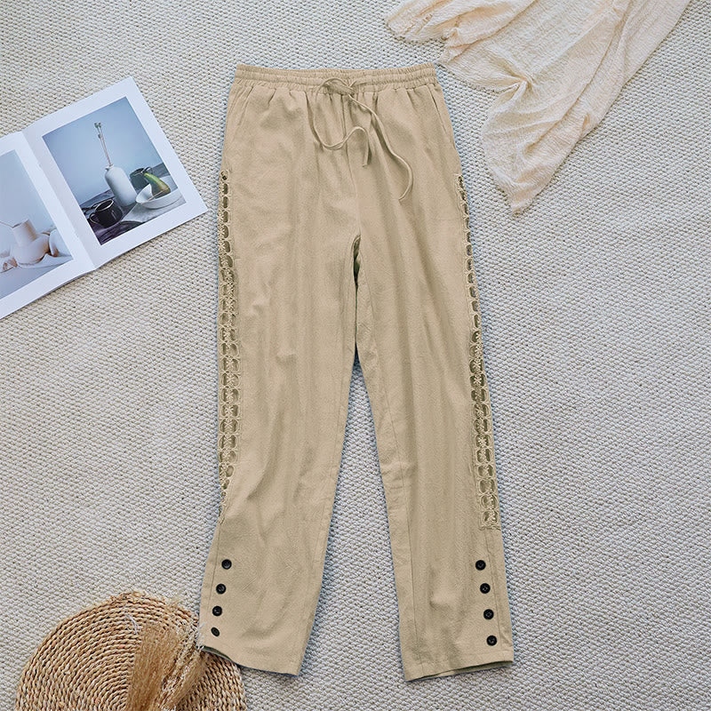 Pantalones de lino y algodón con diseño de empalme de colores lisos de verano para mujer con bolsillos y Buddha Stones - vara de oro pálida - US12, UK/AU16, EU44 (2XL) - image 21
