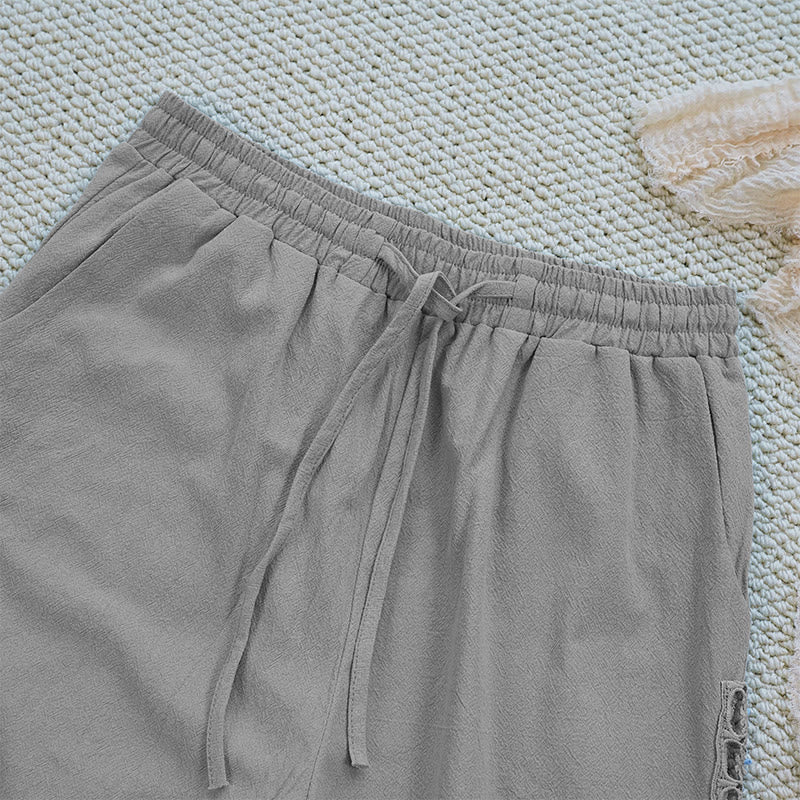 Pantalones de lino y algodón con diseño de empalme de colores lisos de verano para mujer con bolsillos y Buddha Stones - image 18