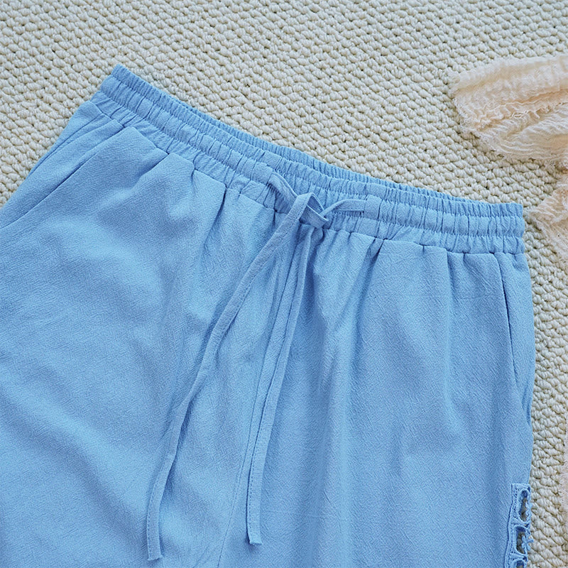 Pantalones de lino y algodón con diseño de empalme de colores lisos de verano para mujer con bolsillos y Buddha Stones - image 31