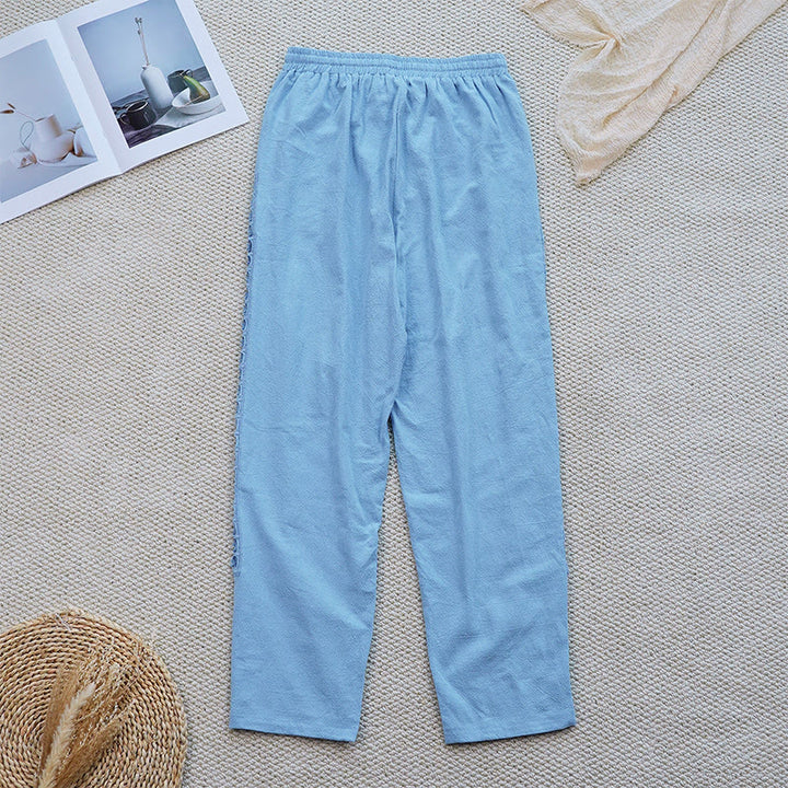 Pantalones de lino y algodón con diseño de empalme de colores lisos de verano para mujer con bolsillos y Buddha Stones - image 30