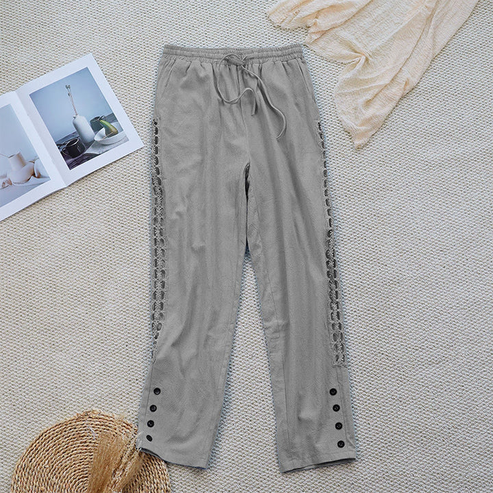 Pantalones de lino y algodón con diseño de empalme de colores lisos de verano para mujer con bolsillos y Buddha Stones - Gris claro - US12, UK/AU16, EU44 (2XL) - image 14