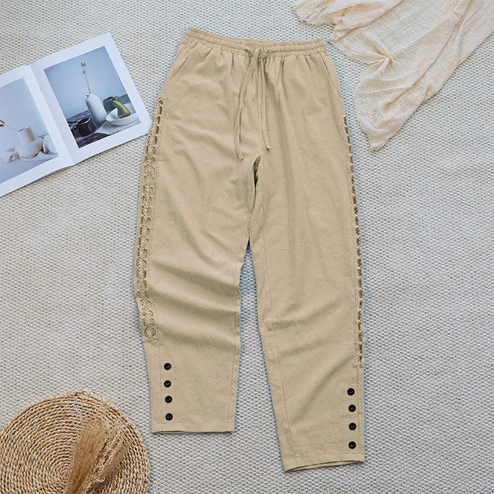 Pantalones de lino y algodón con diseño de empalme de colores lisos de verano para mujer con bolsillos y Buddha Stones - image 22