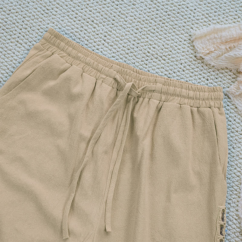 Pantalones de lino y algodón con diseño de empalme de colores lisos de verano para mujer con bolsillos y Buddha Stones - image 24