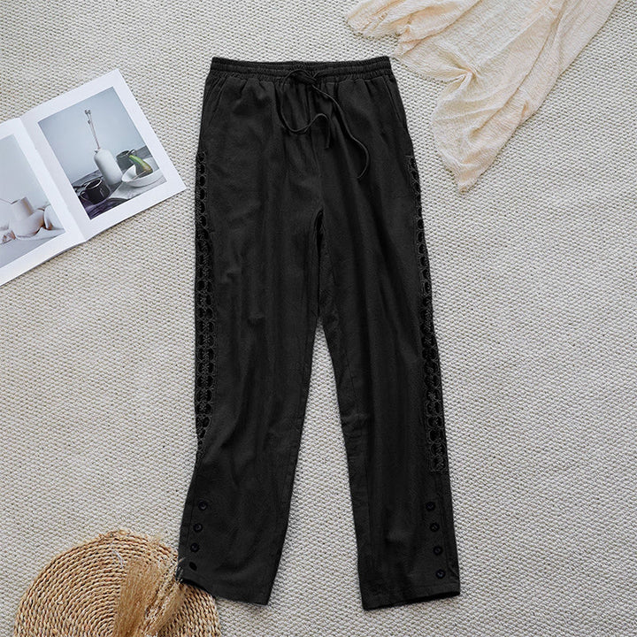 Pantalones de lino y algodón con diseño de empalme de colores lisos de verano para mujer con bolsillos y Buddha Stones - Negro - US12, UK/AU16, EU44 (2XL) - image 7