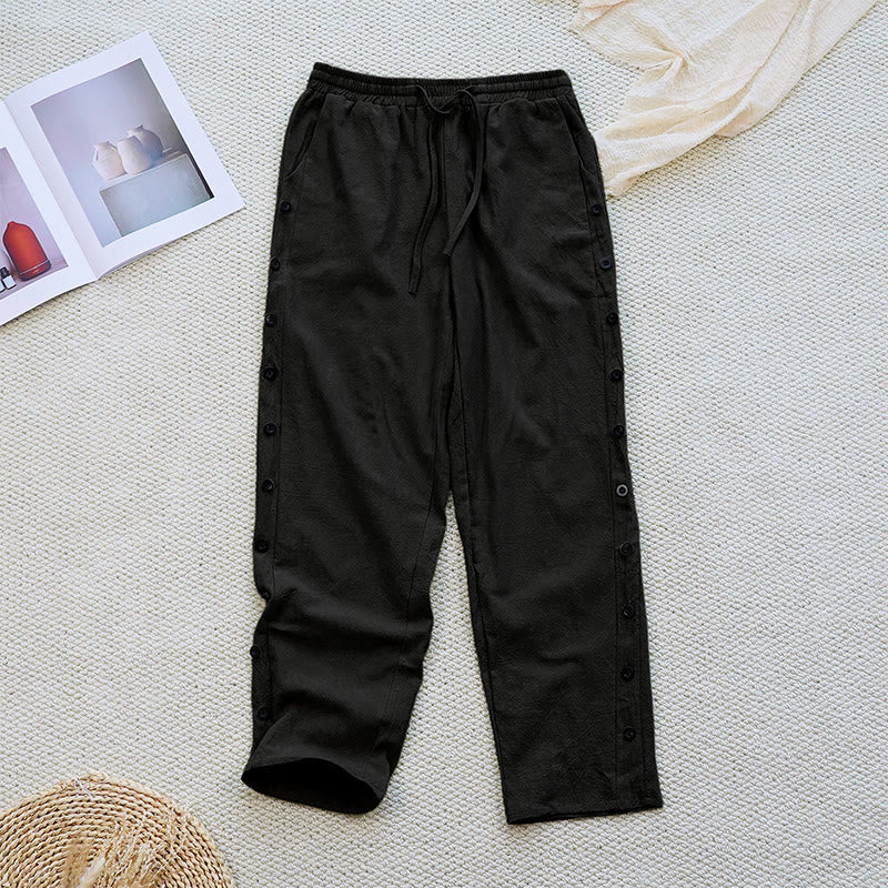 Pantalones de lino y algodón con cordón ajustable para mujer, con diseño de patchwork liso de verano y bolsillos, con Buddha Stones - Negro - US12, UK/AU16, EU44 (2XL) - image 8