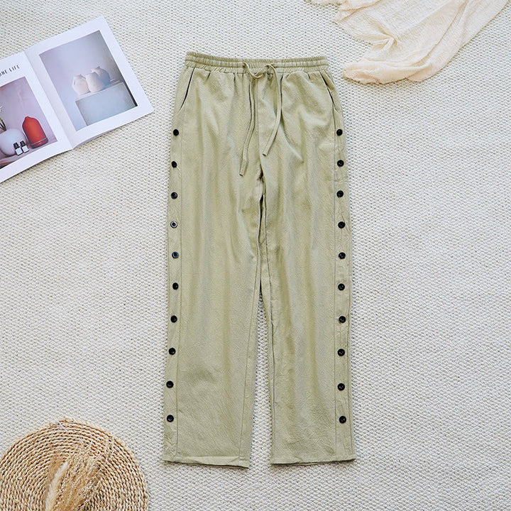 Pantalones de lino y algodón con cordón ajustable para mujer, con diseño de patchwork liso de verano y bolsillos, con Buddha Stones - image 26