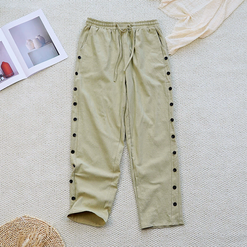 Pantalones de lino y algodón con cordón ajustable para mujer, con diseño de patchwork liso de verano y bolsillos, con Buddha Stones