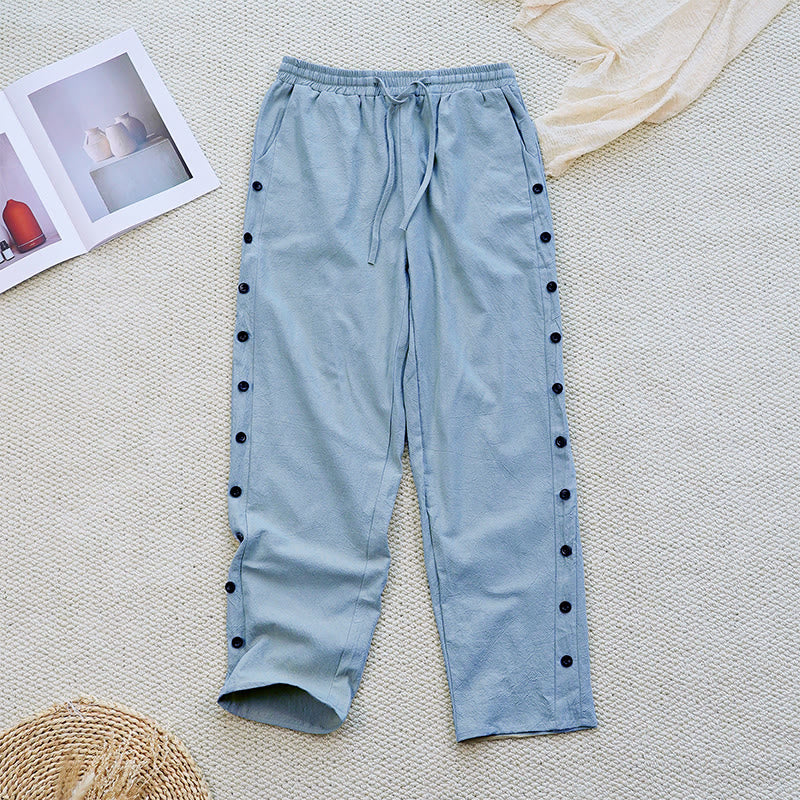 Pantalones de lino y algodón con cordón ajustable para mujer, con diseño de patchwork liso de verano y bolsillos, con Buddha Stones