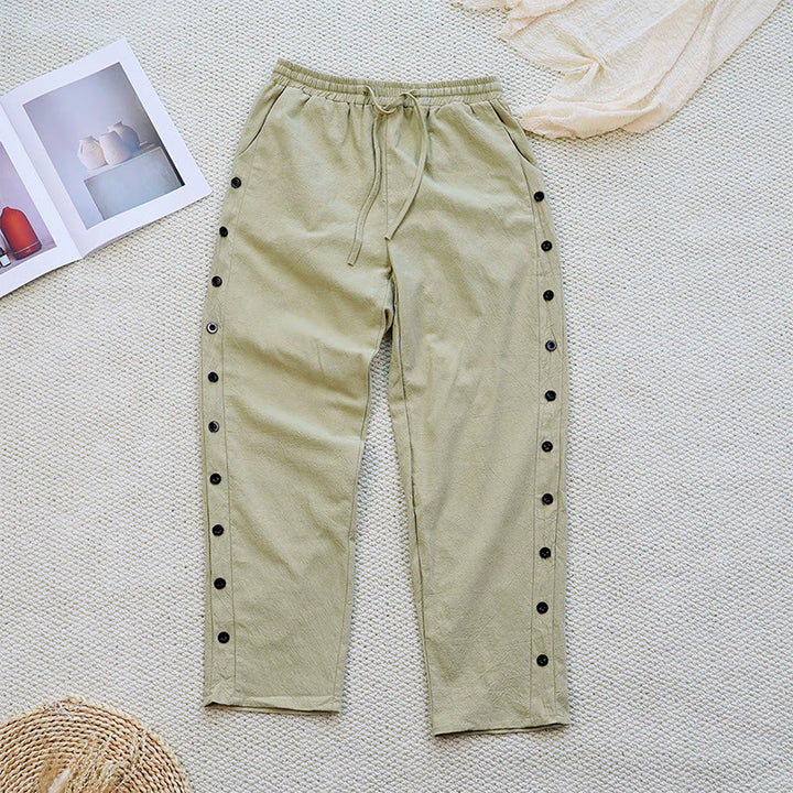 Pantalones de lino y algodón con cordón ajustable para mujer, con diseño de patchwork liso de verano y bolsillos, con Buddha Stones