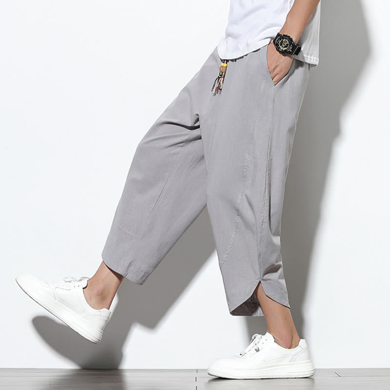 Pantalones harén de lino para hombre, informales, de verano, con cordón ajustable, de longitud 7-8 y bolsillos, de Buddha Stones - image 7