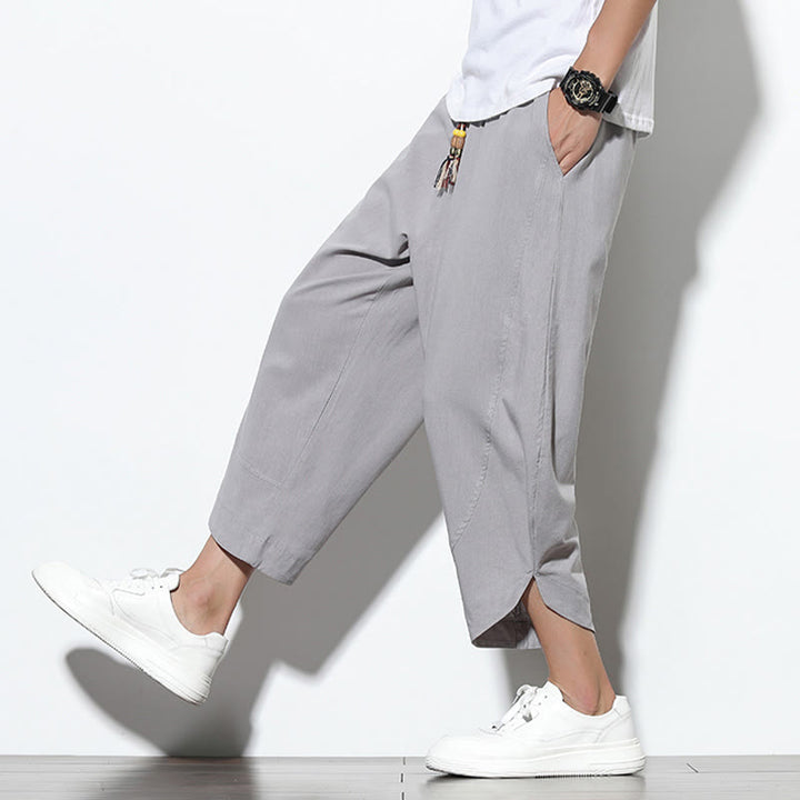 Pantalones harén de lino para hombre, informales, de verano, con cordón ajustable, de longitud 7-8 y bolsillos, de Buddha Stones - image 7