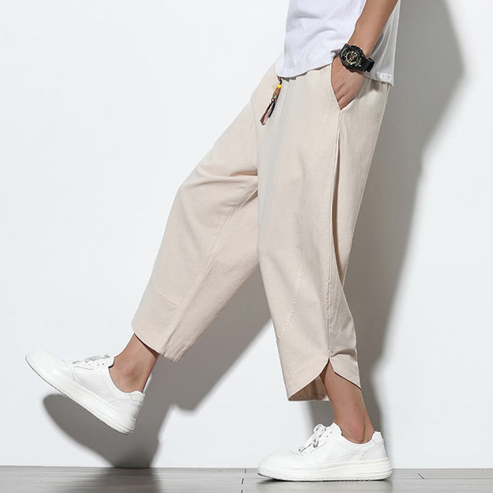 Pantalones harén de lino para hombre, informales, de verano, con cordón ajustable, de longitud 7-8 y bolsillos, de Buddha Stones - image 16