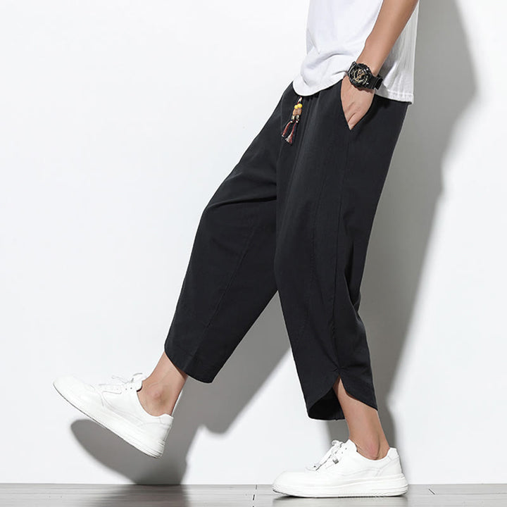 Pantalones harén de lino para hombre, informales, de verano, con cordón ajustable, de longitud 7-8 y bolsillos, de Buddha Stones - image 25