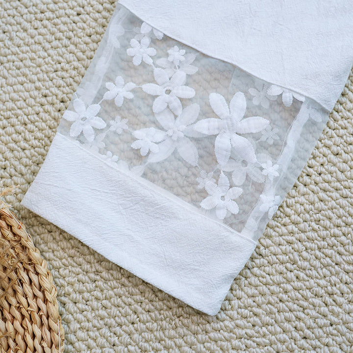 Pantalones de lino y algodón con bolsillos para mujer, diseño de patchwork, liso, con diseño floral y encaje, de Buddha Stones Summer Daily