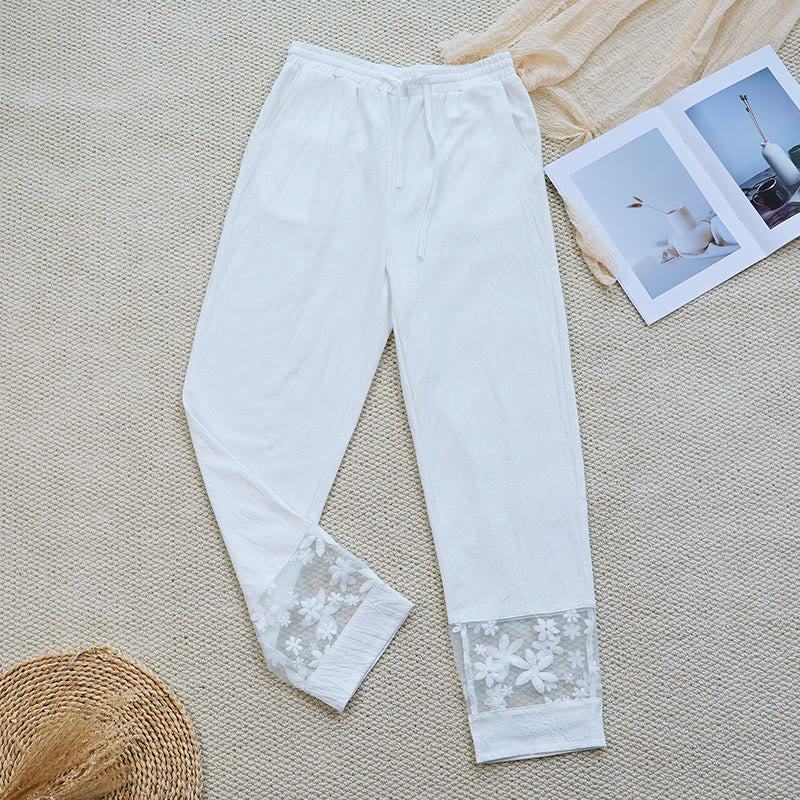 Pantalones de lino y algodón con bolsillos para mujer, diseño de patchwork, liso, con diseño floral y encaje, de Buddha Stones Summer Daily - Blanco floral - US14，UK/AU18，EU46 (2XL) - image 0