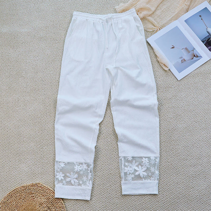 Pantalones de lino y algodón con bolsillos para mujer, diseño de patchwork, liso, con diseño floral y encaje, de Buddha Stones Summer Daily - image 4