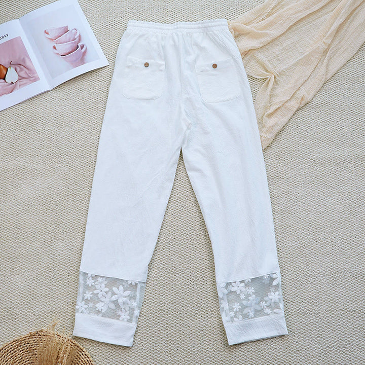 Pantalones de lino y algodón con bolsillos para mujer, diseño de patchwork, liso, con diseño floral y encaje, de Buddha Stones Summer Daily - image 2