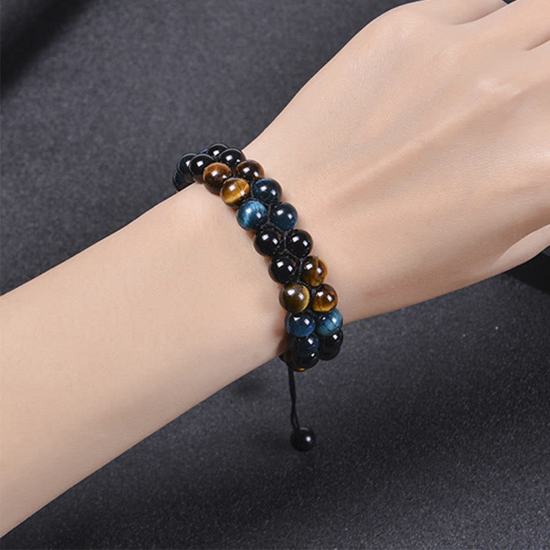 Pulsera de fuerza con cuentas de doble hilera de Buddha Stones, ojo de tigre azul natural, magnetita negra y patrón Om