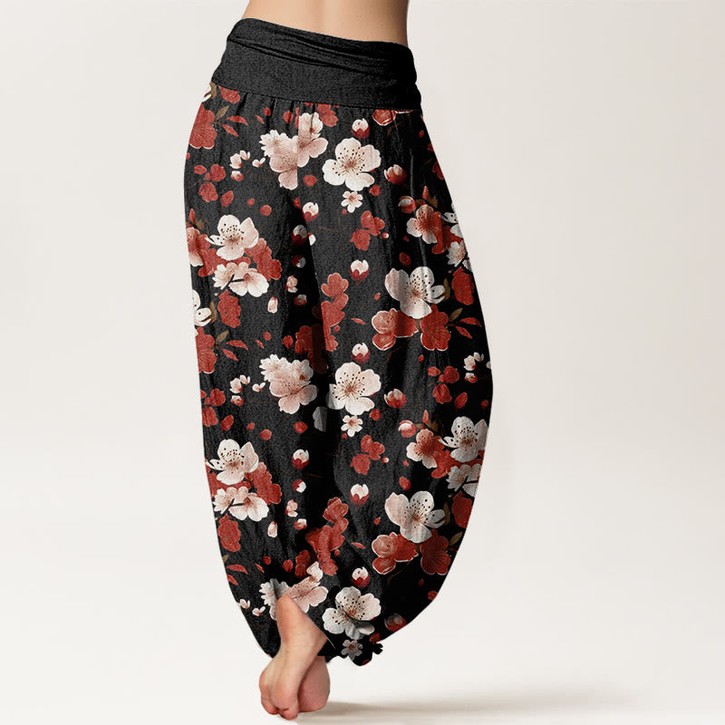 Pantalones bombachos de cintura elástica para mujer con diseño de flores de melocotón rosa y rojo con Buddha Stones y algodón. - image 1
