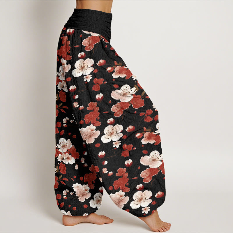 Pantalones bombachos de cintura elástica para mujer con diseño de flores de melocotón rosa y rojo con Buddha Stones y algodón. - image 2