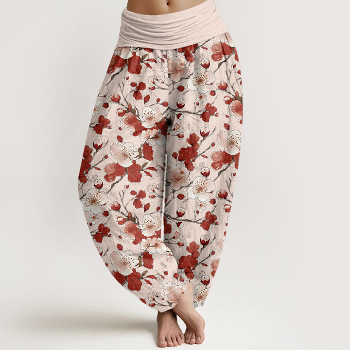 Pantalones bombachos de cintura elástica para mujer con diseño de flores de melocotón rosa y rojo con Buddha Stones y algodón. - Rubor Lavanda - US22，UK/AU26，EU54 (6XL) - image 4