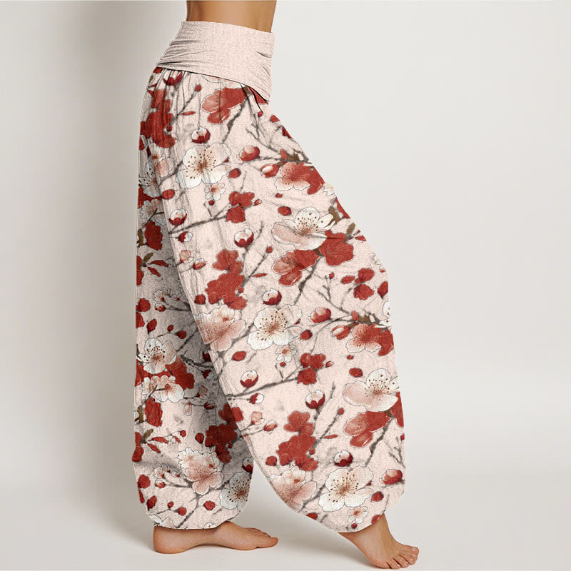 Pantalones harén con cintura elástica para mujer con diseño de flores de melocotón rosa y rojo y piedras de Buddha Stones - image 7
