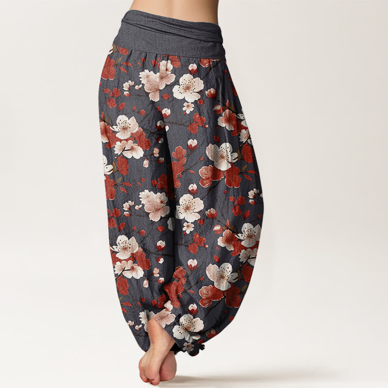 Pantalones bombachos de cintura elástica para mujer con diseño de flores de melocotón rosa y rojo con Buddha Stones y algodón. - image 8