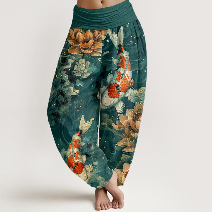 Pantalones harén con cintura elástica para mujer, con diseño de flores de loto y peces koi de colores y Buddha Stones - Verde mar claro - US22，UK/AU26，EU54 (6XL) - image 0