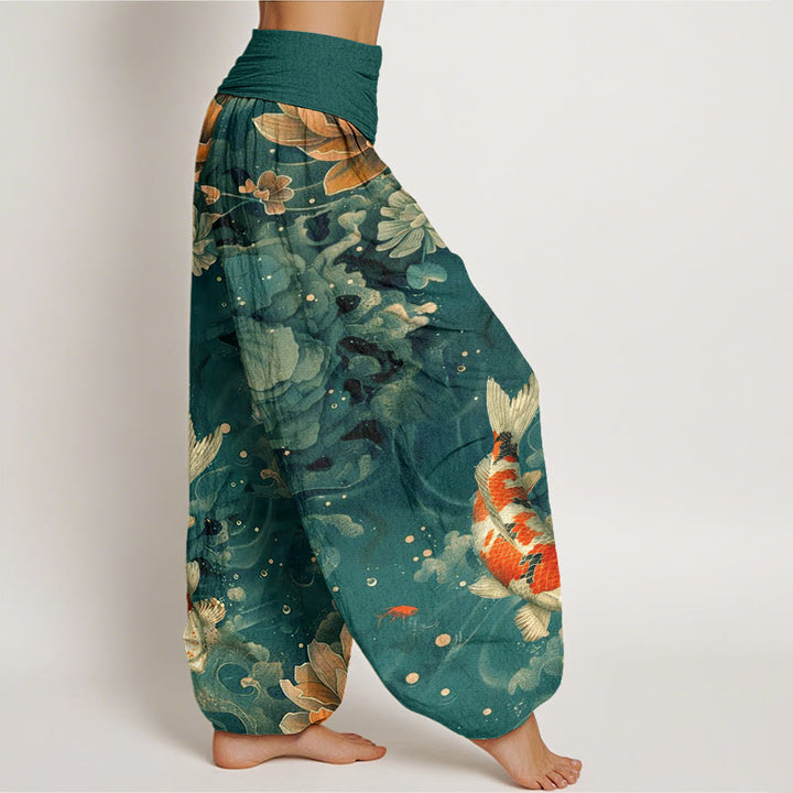 Pantalones harén con cintura elástica para mujer, con diseño de flores de loto y peces koi de colores y Buddha Stones - image 2
