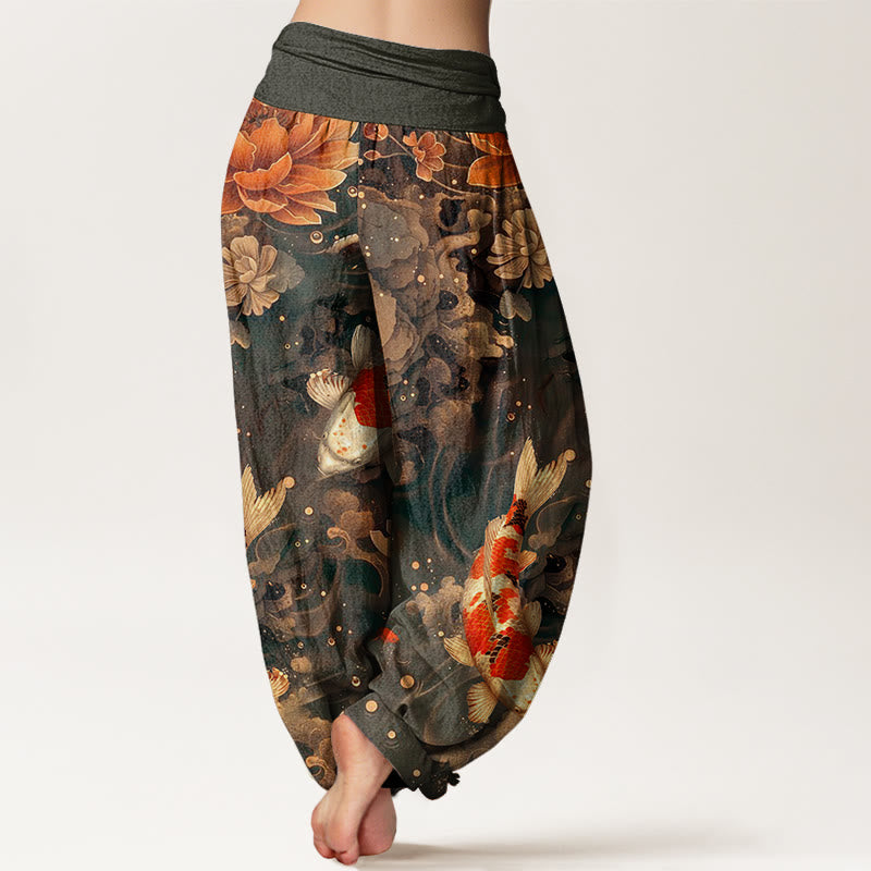 Pantalones harén con cintura elástica para mujer, con diseño de flores de loto y peces koi de colores y Buddha Stones - image 5