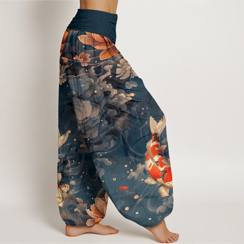 Pantalones harén con cintura elástica para mujer, con diseño de flores de loto y peces koi de colores y Buddha Stones - image 9