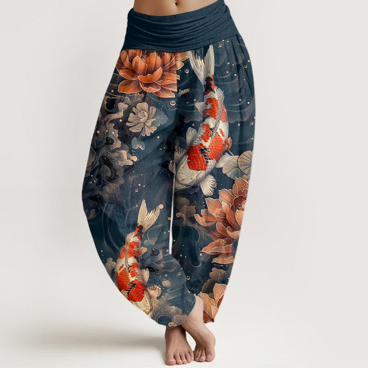 Pantalones harén con cintura elástica para mujer, con diseño de flores de loto y peces koi de colores y Buddha Stones - Azul acero - US22，UK/AU26，EU54 (6XL) - image 7