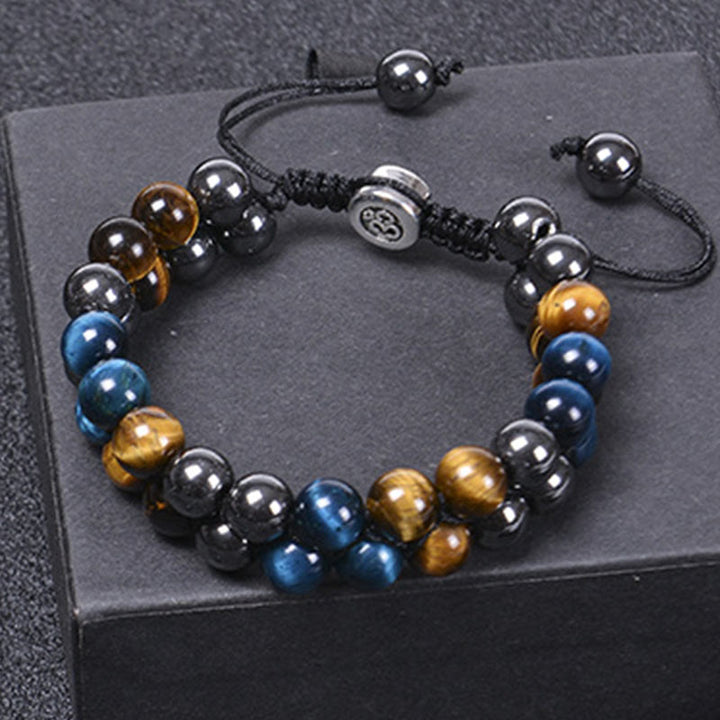 Pulsera de fuerza con cuentas de doble hilera de Buddha Stones, ojo de tigre azul natural, magnetita negra y patrón Om