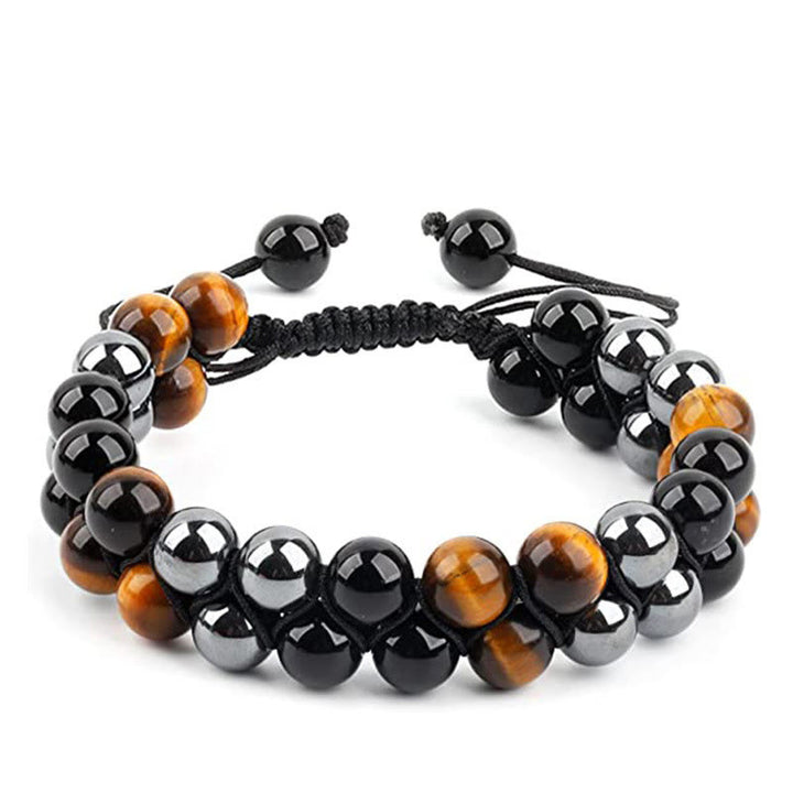 Pulsera de protección con cuentas de doble hilera de ónix negro, magnetita negra y ojo de tigre natural de Buddha Stones
