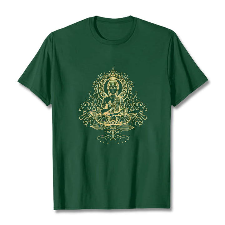 Camiseta de Buda con Buddha Stones, flores de loto y vides para meditación - Verde bosque - 2XL - image 0