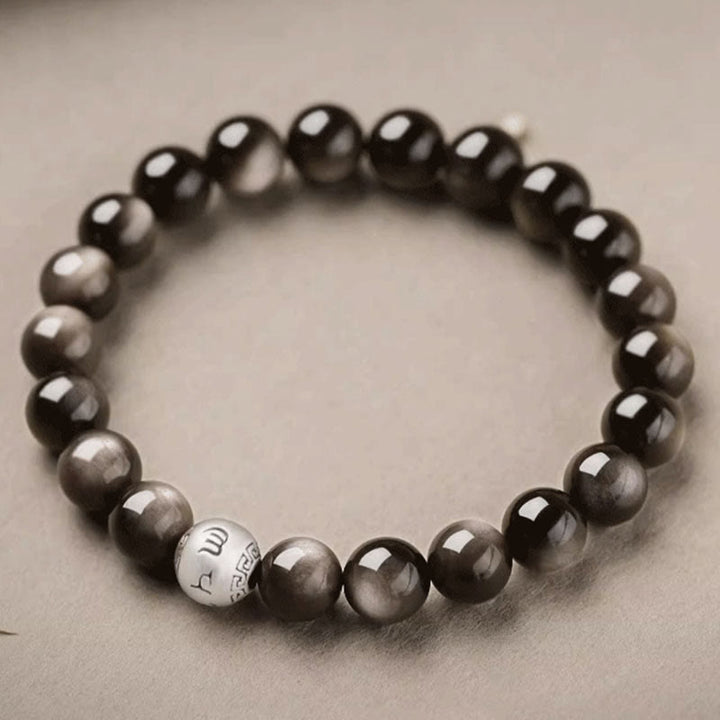 Pulsera de obsidiana con Buddha Stones y brillo plateado natural, protección Om Mani Padme Hum