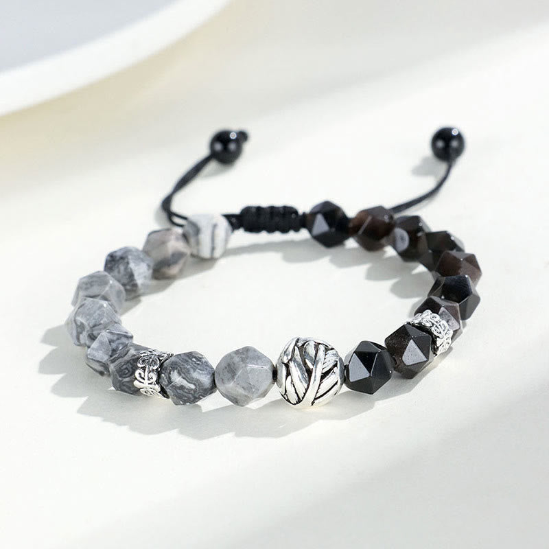 Pulsera protectora de cuentas de hojas enrolladas en plata de ley 925 con obsidiana gris jaspe de corte irregular natural y Buddha Stones - Obsidiana y jaspe gris - 8 mm - image 9