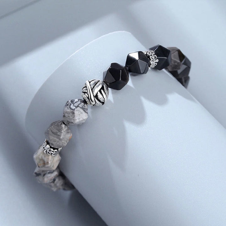 Pulsera protectora de cuentas de hojas enrolladas en plata de ley 925 con obsidiana gris jaspe de corte irregular natural y Buddha Stones - image 3