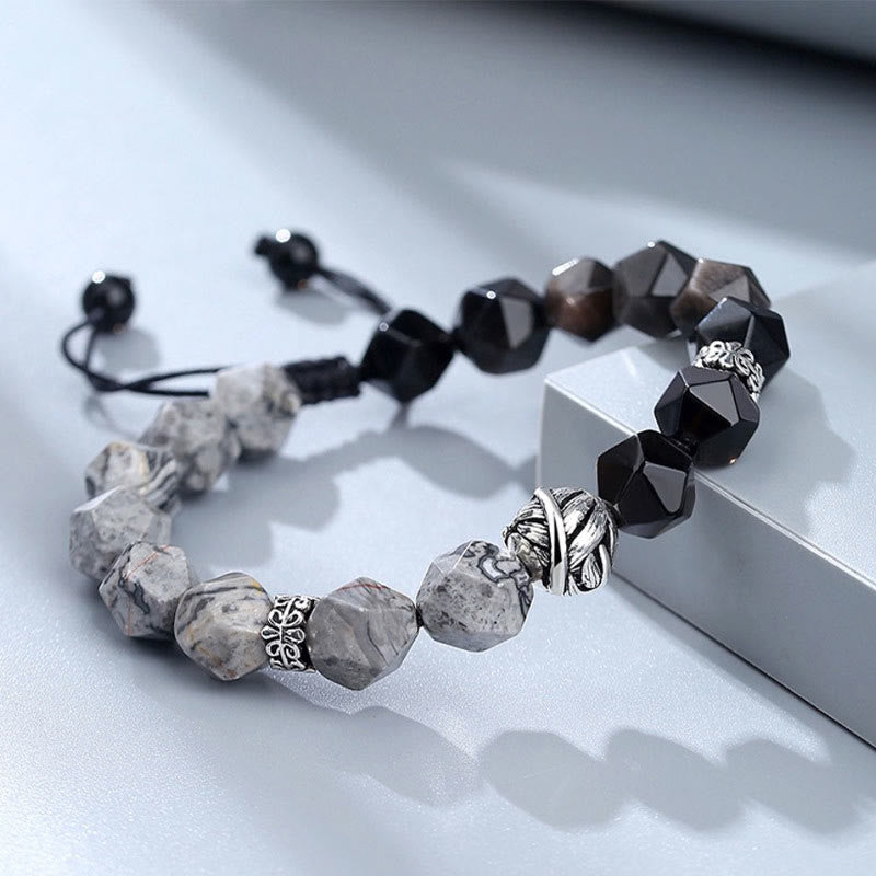 Pulsera protectora de cuentas de hojas enrolladas en plata de ley 925 con obsidiana gris jaspe de corte irregular natural y Buddha Stones - image 1