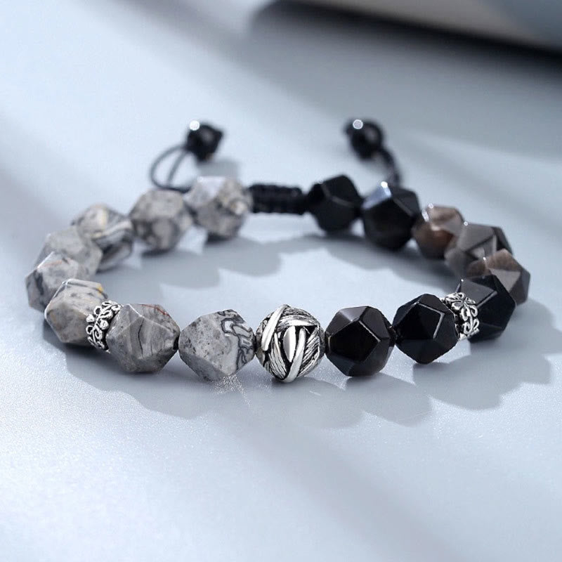 Pulsera protectora de cuentas de hojas enrolladas en plata de ley 925 con obsidiana gris jaspe de corte irregular natural y Buddha Stones - Obsidiana y jaspe gris - 10 mm - image 0