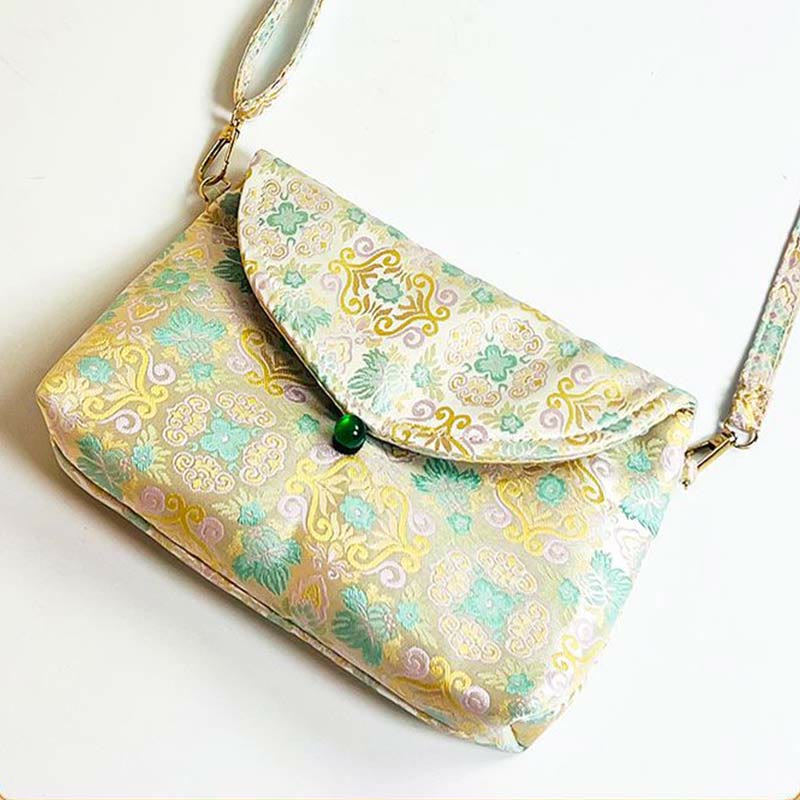 Bolso bandolera de poliéster y algodón con bordado de flores retro y Buddha Stones