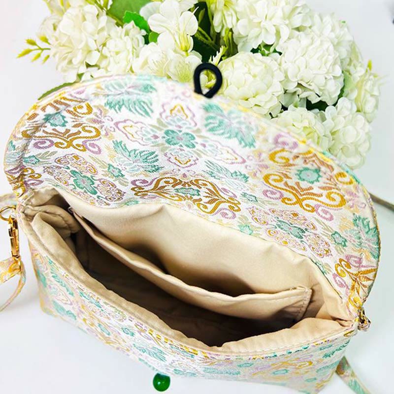 Bolso bandolera de poliéster y algodón con bordado de flores retro y Buddha Stones