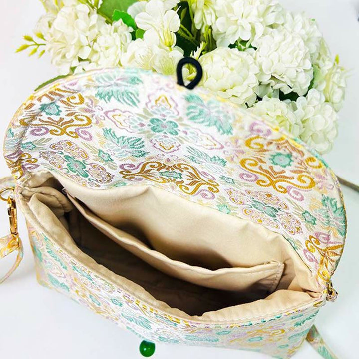 Bolso bandolera de poliéster y algodón con bordado de flores retro y Buddha Stones