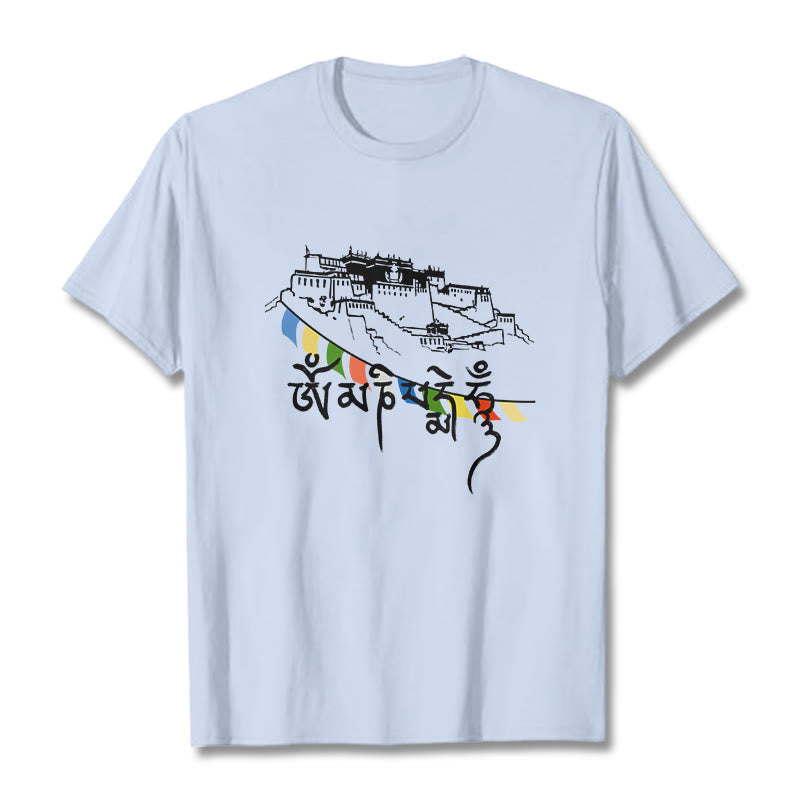 Camiseta de algodón con banderas de oración Om Mani Padme Hum y Buddha Stones en el Palacio de Potala - Cian claro - 2XL - image 8